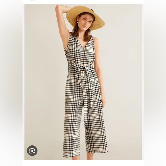 Mango Pants - MANGO Gingham Check Wide Leg Sleeveless Cotton Jumpsuit Size Medium Crop Picnic